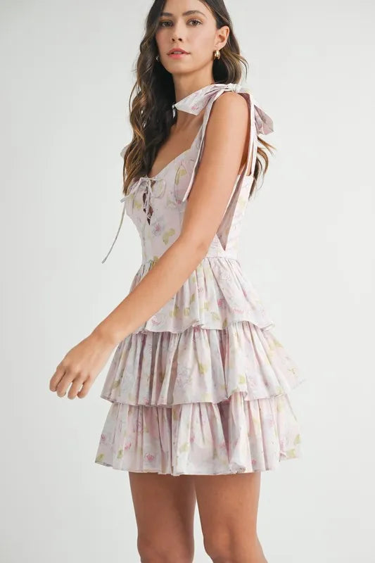 MABLE Floral Print Shoulder Tie Layered Mini Dress OutfitFlow