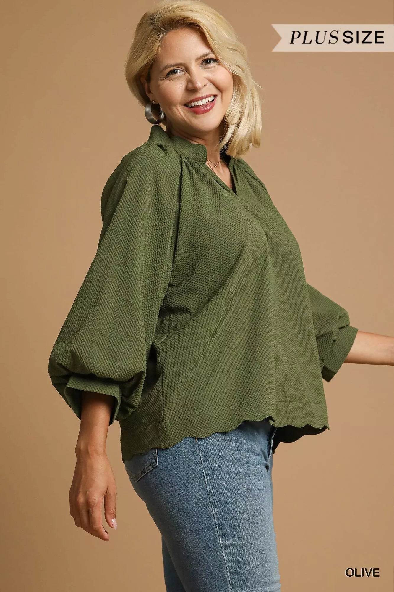 Umgee Full Size Textured Notched Balloon Sleeve Blouse Plus Size OutfitFlow