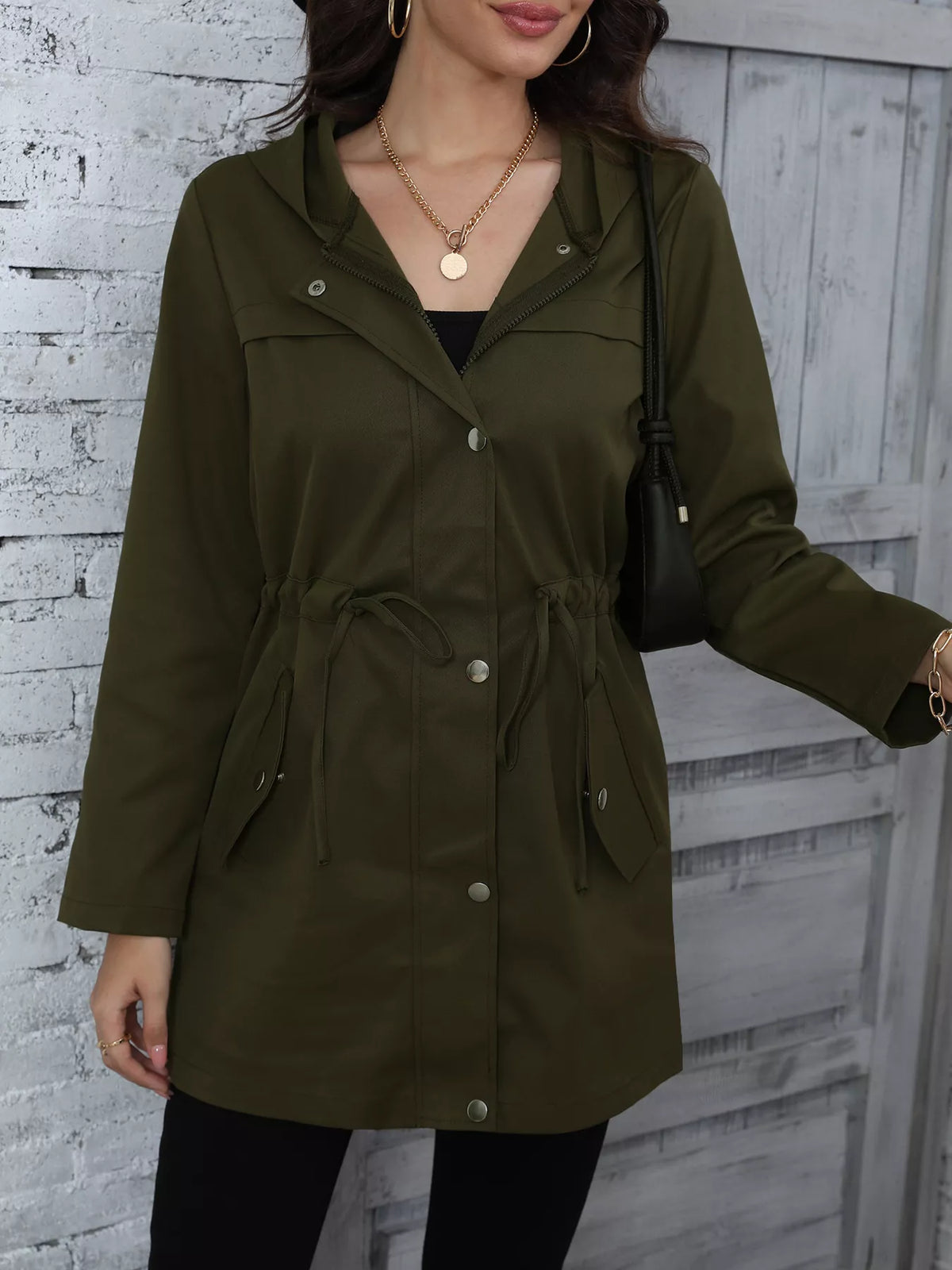 Hooded Drawstring Waist Casual Outerwear Army Green OutfitFlow
