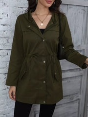 Hooded Drawstring Waist Casual Outerwear Army Green OutfitFlow