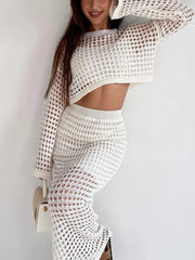 Hollow Out Long Sleeve Top and Skirt Knit Set OutfitFlow
