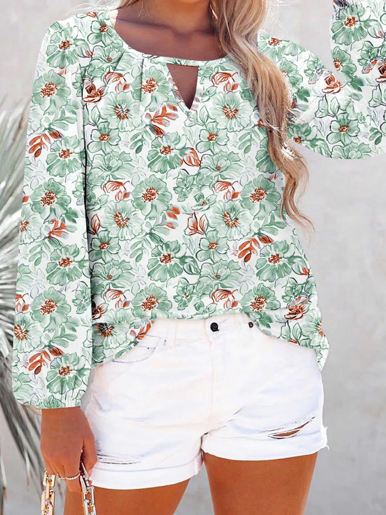 Floral Print Keyhole Neck Blouse Sage OutfitFlow