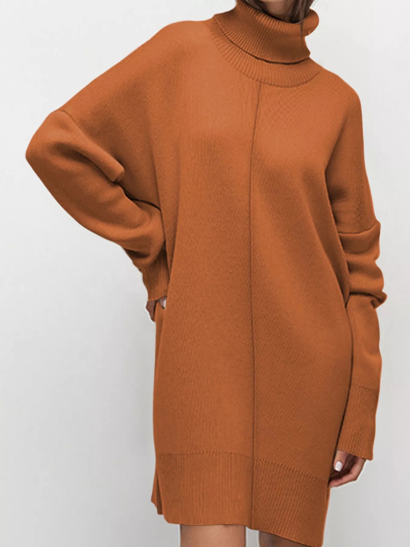 Solid Color Turtleneck Drop Shoulder Loose Sweater Dress OutfitFlow