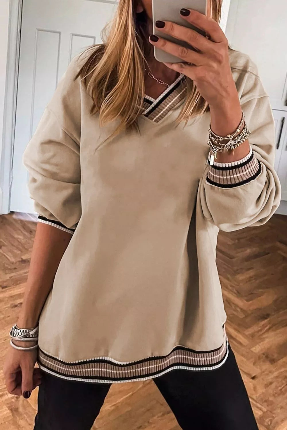 Casual V-Neck Striped Trim Pullover OutfitFlow