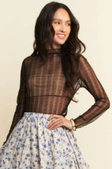 Davi & Dani Turtle Neck Lace Dotted Stretch Mesh Sheer Top OutfitFlow