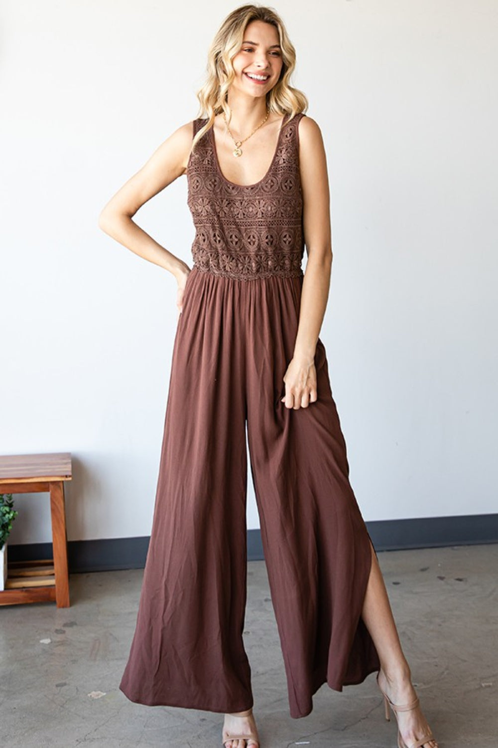 Outfit Flow - First Love Tie Back Sleeveless Slit Wide Leg Jumpsuit