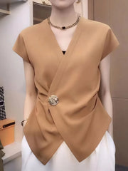 Plus Size Wrap Front Blouse with Decorative Button Detail OutfitFlow