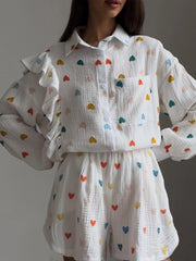 Colorful Heart Print Shirt and Shorts Set Color Love OutfitFlow