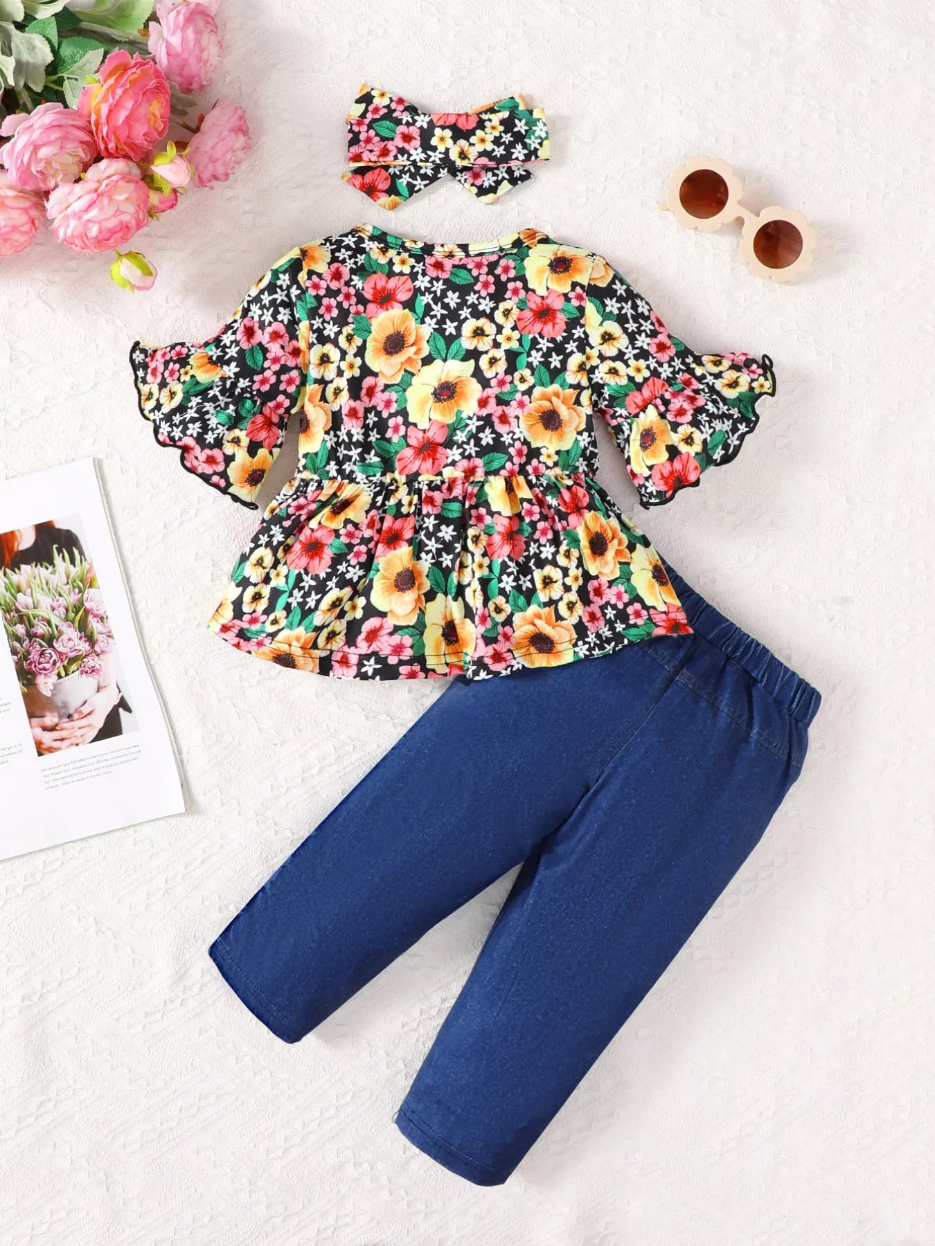Children's Floral Bell Sleeve Top and Pants Set OutfitFlow