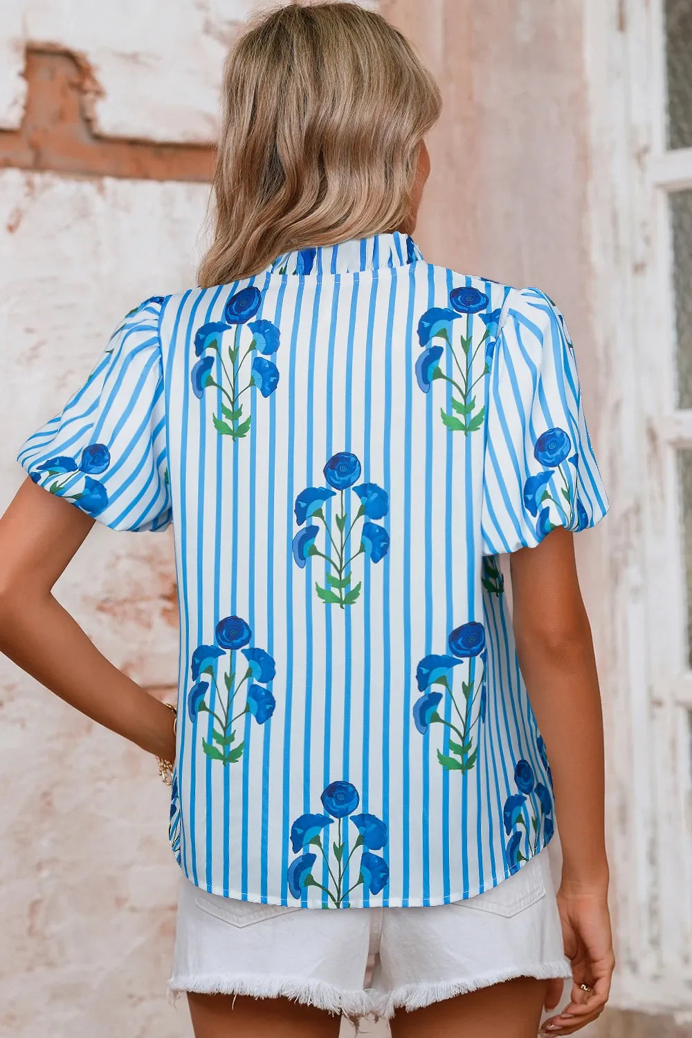 Stripe Floral Notched Neck Puff Sleeve Summer Blouse OutfitFlow
