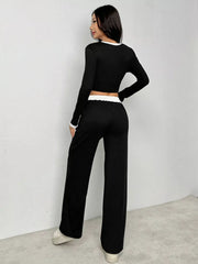 Contrast Trim Crop Top and Wide Leg Pants Set OutfitFlow