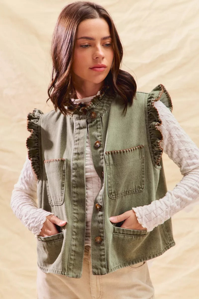 SO ME Washed Denim Stitch Ruffled Hidden Button Vest Top OutfitFlow