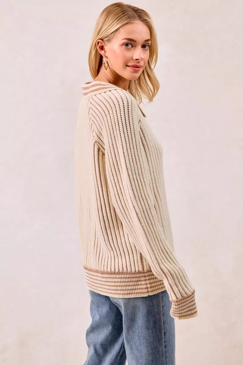 BiBi Half Button Ribbed Two Tone Sweater OutfitFlow