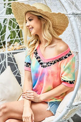 BiBi Rainbow Tie-Dye Leopard Trim V-Neck T-Shirt OutfitFlow