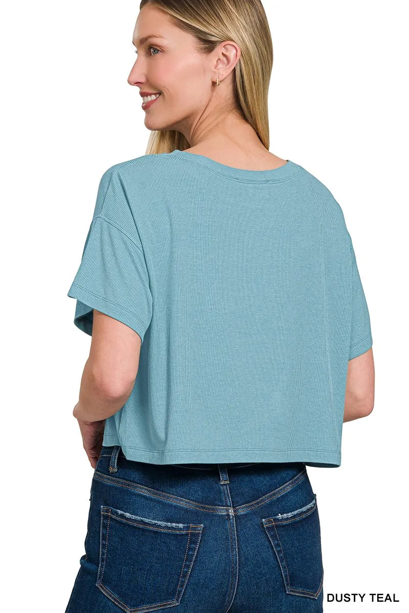 Zenana Ribbed Round-Neck Crop T-Shirt OutfitFlow