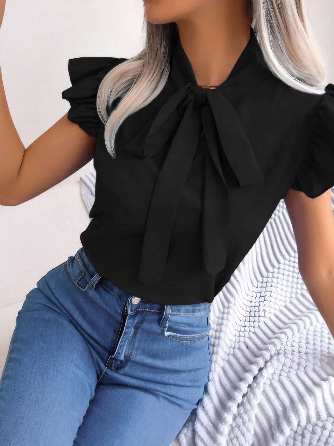Ruffled Tie Neck Cap Sleeve Blouse OutfitFlow