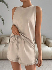 Lace Detail Round Neck Tank and Shorts Set OutfitFlow