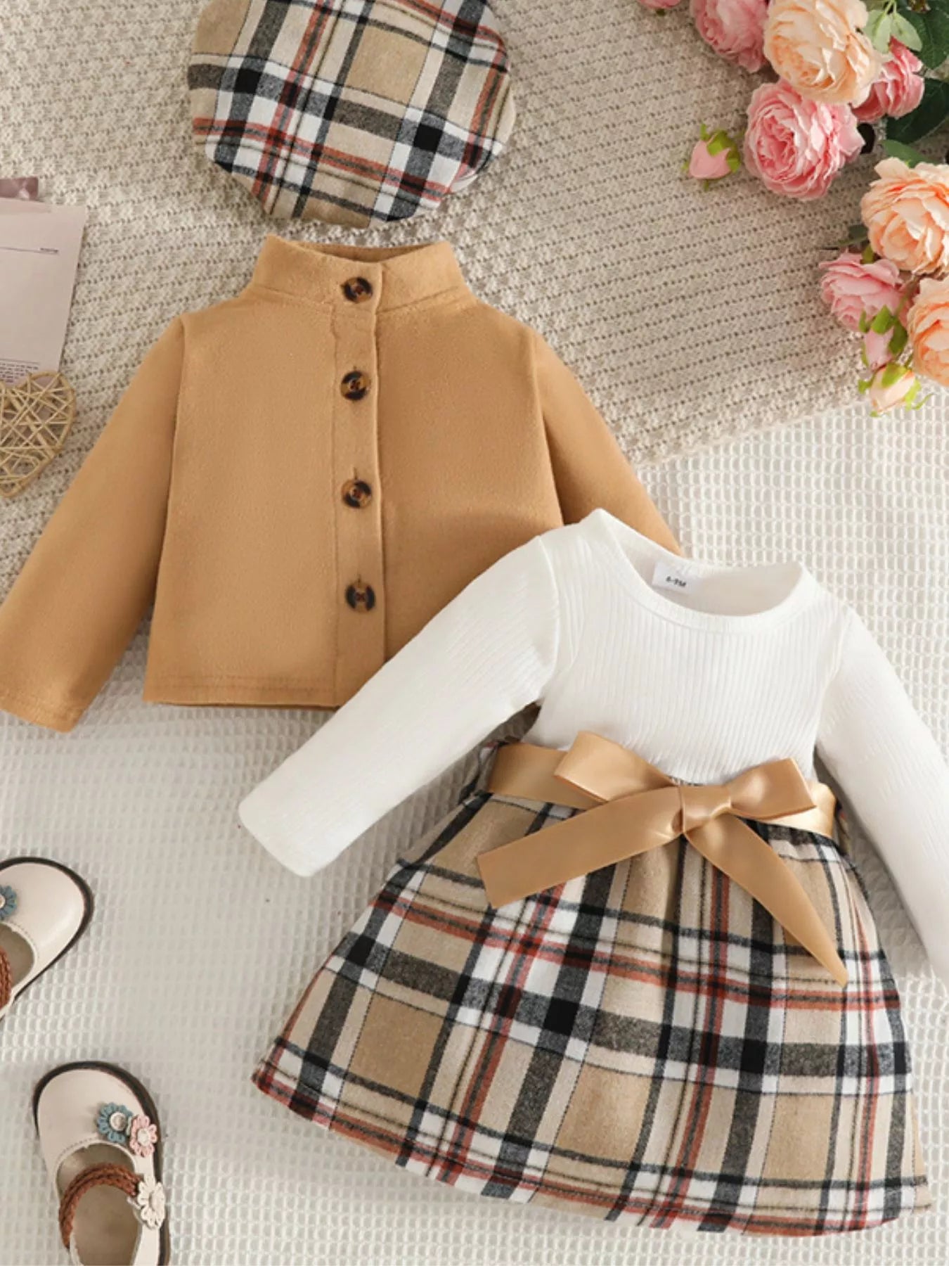 Children's Plaid 3-Piece Outfit Set Khaki Trendsi