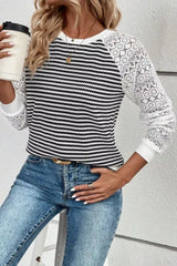 Striped Lace Raglan Sleeve Blouse Trendsi