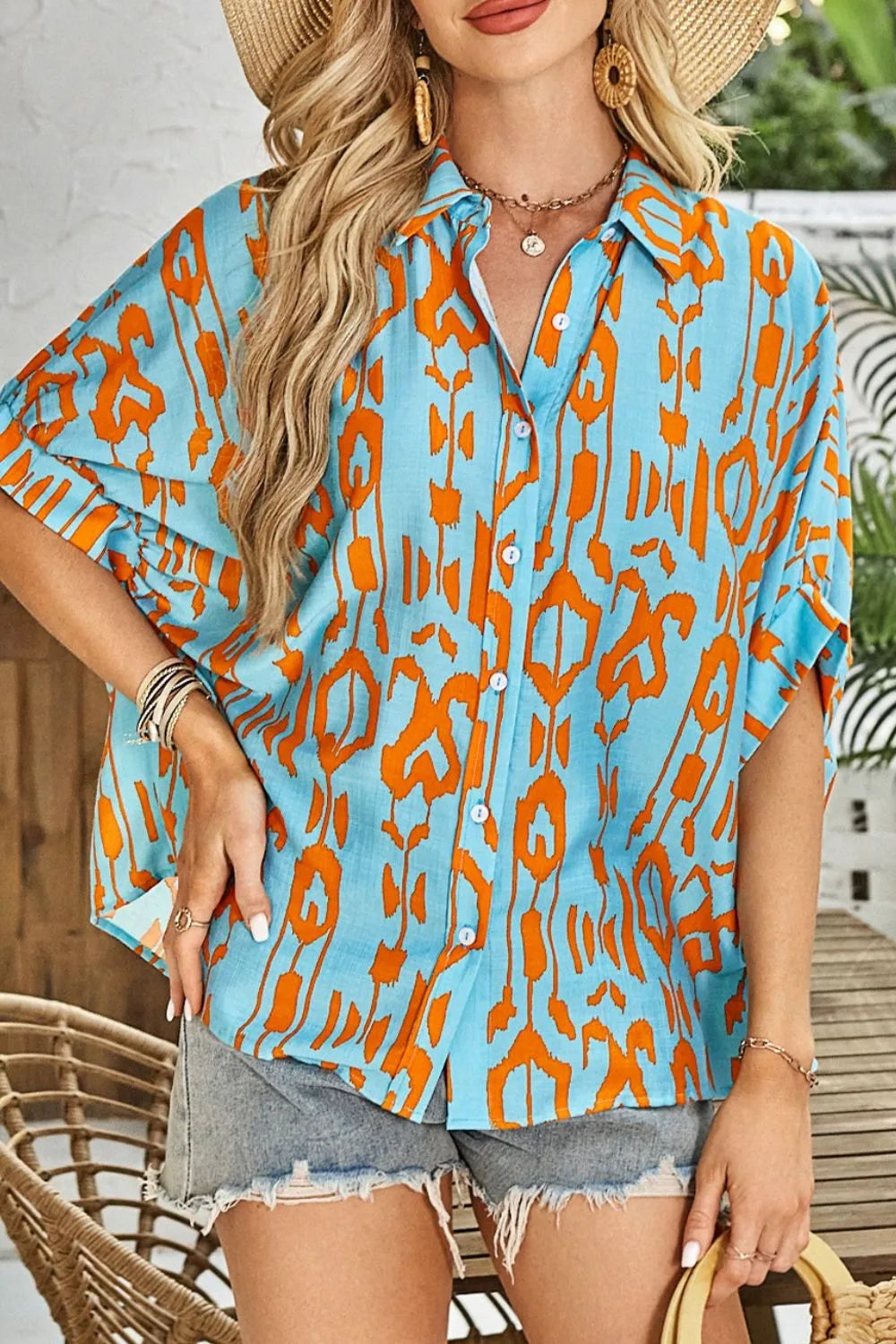 Abstract Print Dolman Short Sleeve Western Loose Shirt OutfitFlow