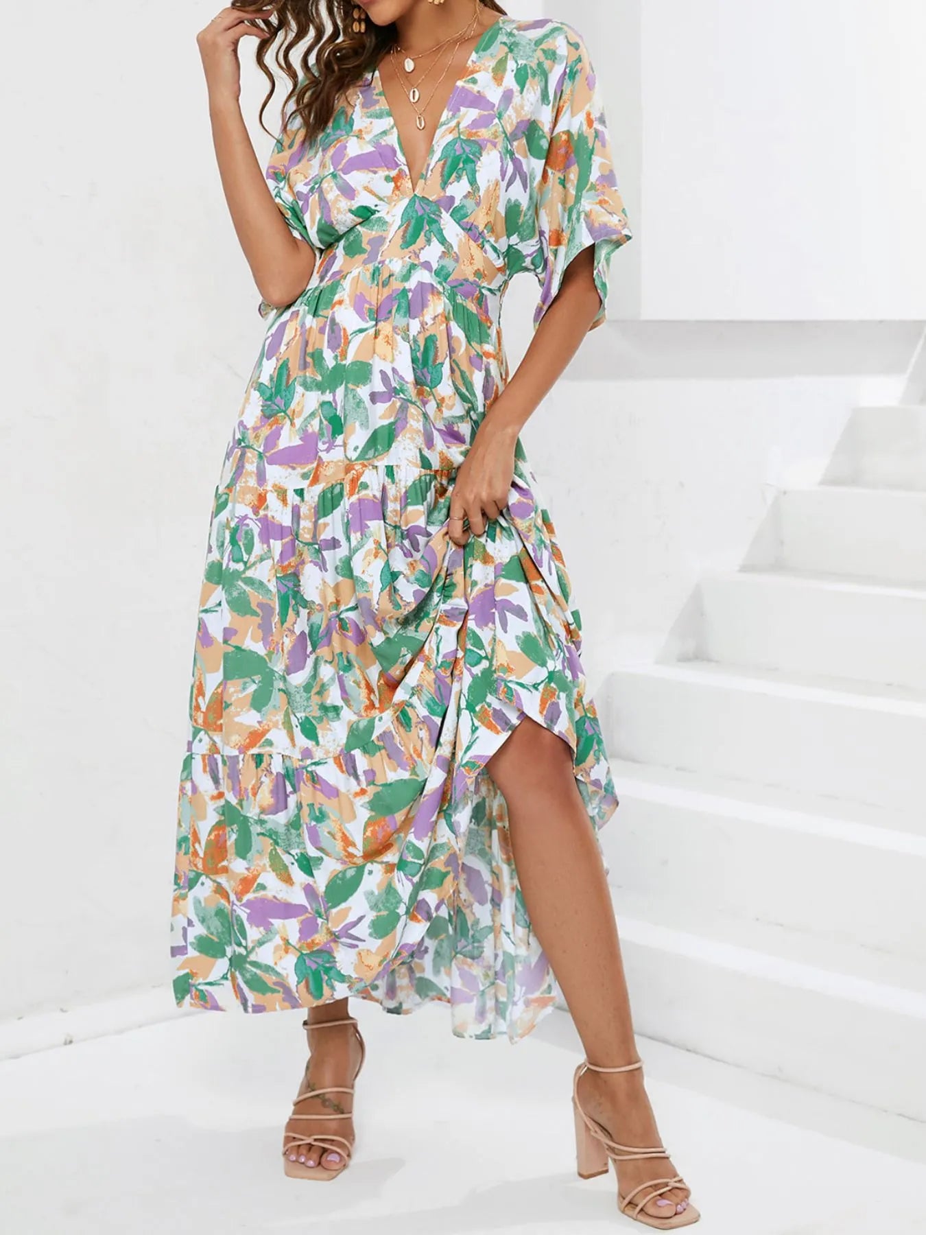 Floral Print V-neck Boho Midi Dress OutfitFlow