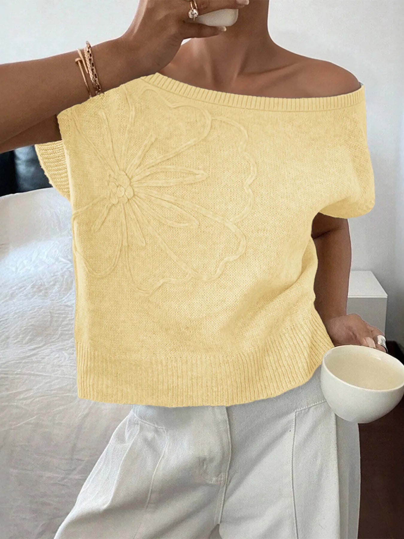 Ribbed Hem Boat Neck Sweater Light Yellow OutfitFlow