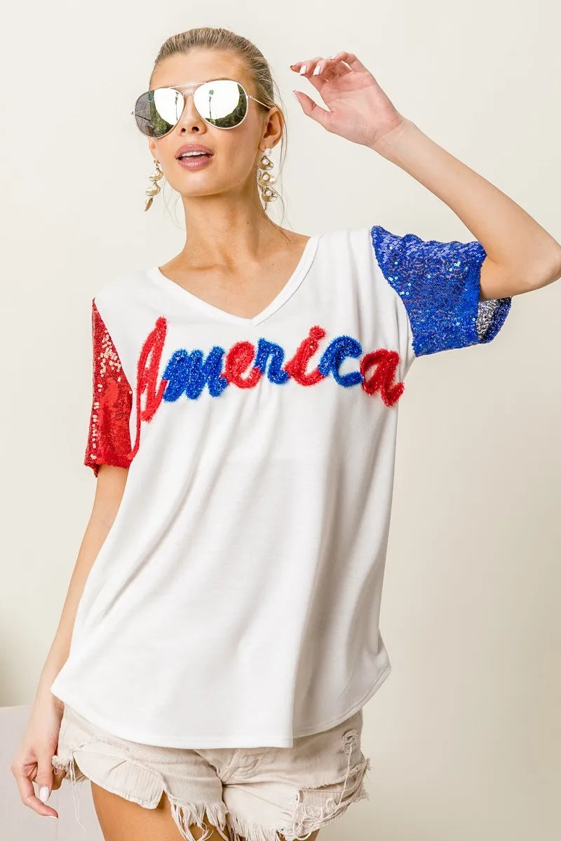 BiBi Metallic Letter V-neck Sequin Sleeves Top OutfitFlow