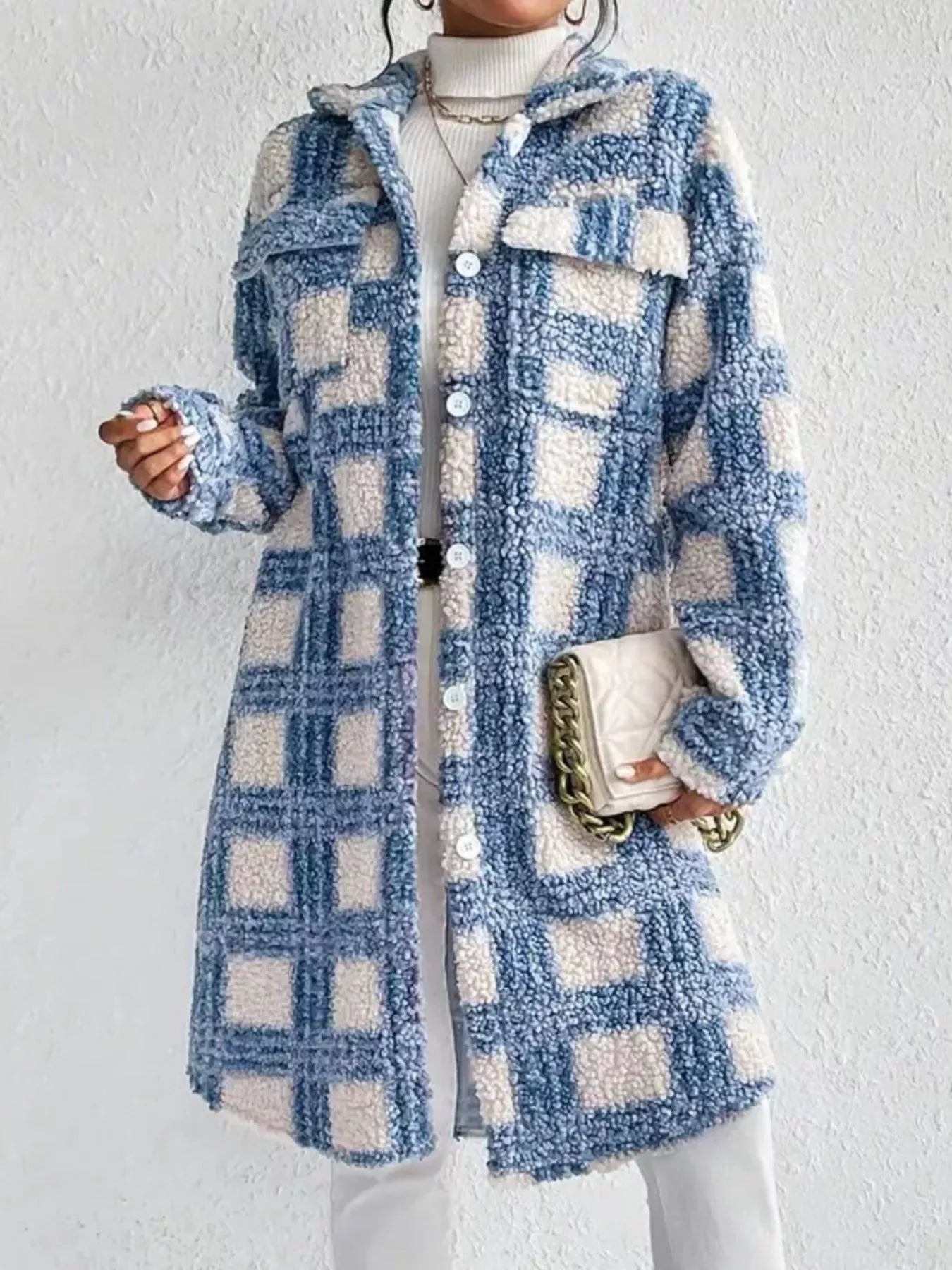 Plaid Button Up Long Sleeve Fleece Coat OutfitFlow