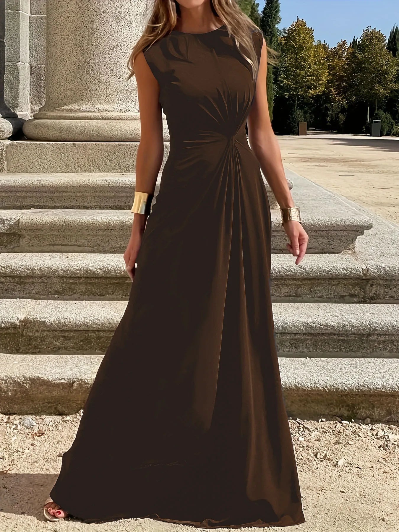 Round Neck Sleeveless Maxi Dress Brown OutfitFlow