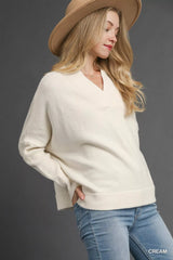 Umgee V-Neck Sweater with Wide Trim Detail OutfitFlow