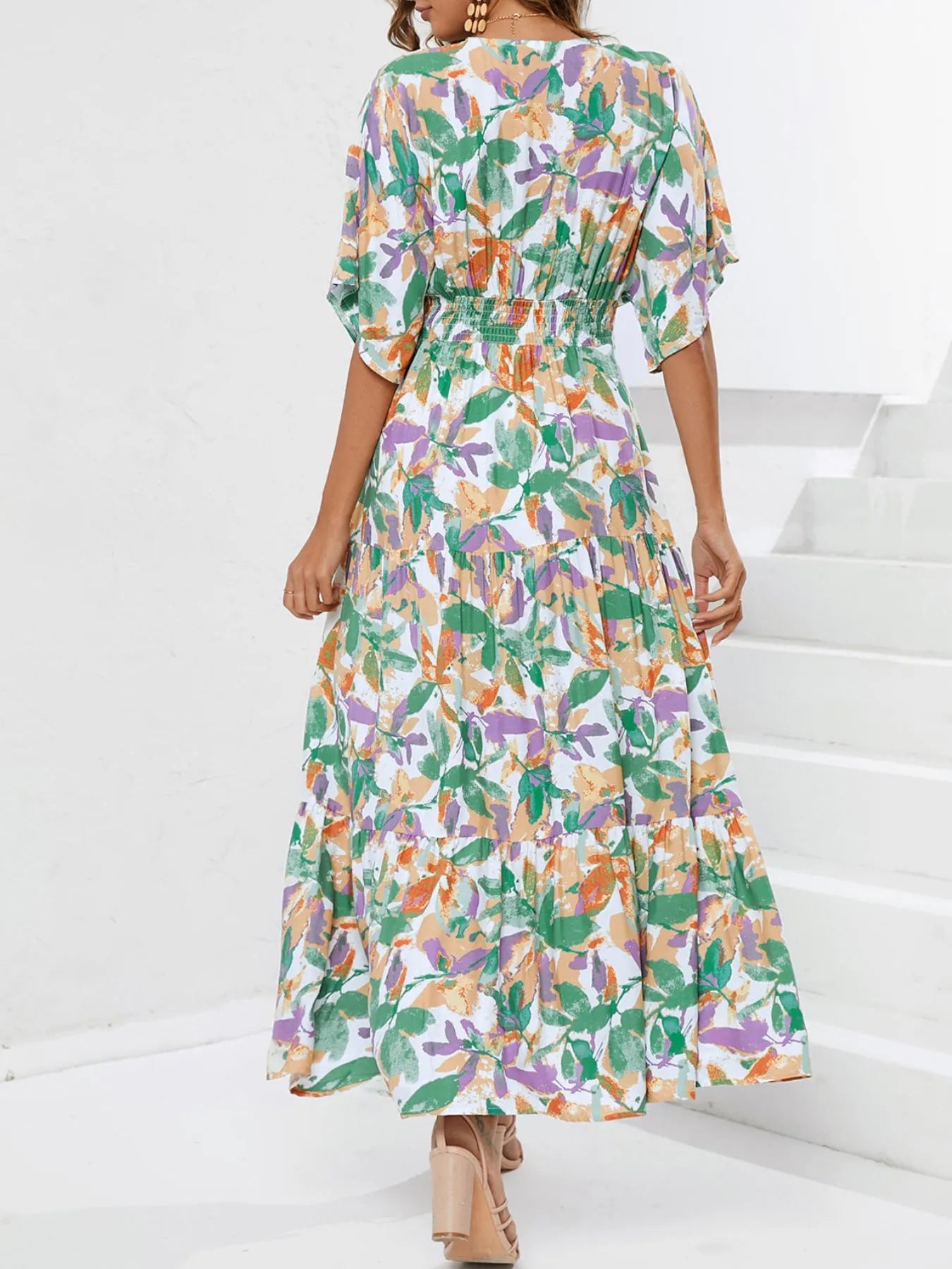 Floral Print V-neck Boho Midi Dress OutfitFlow
