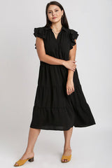 Umgee Full Size Johnny Collar Ruffle Cap Sleeve Tiered Dress Plus Size OutfitFlow