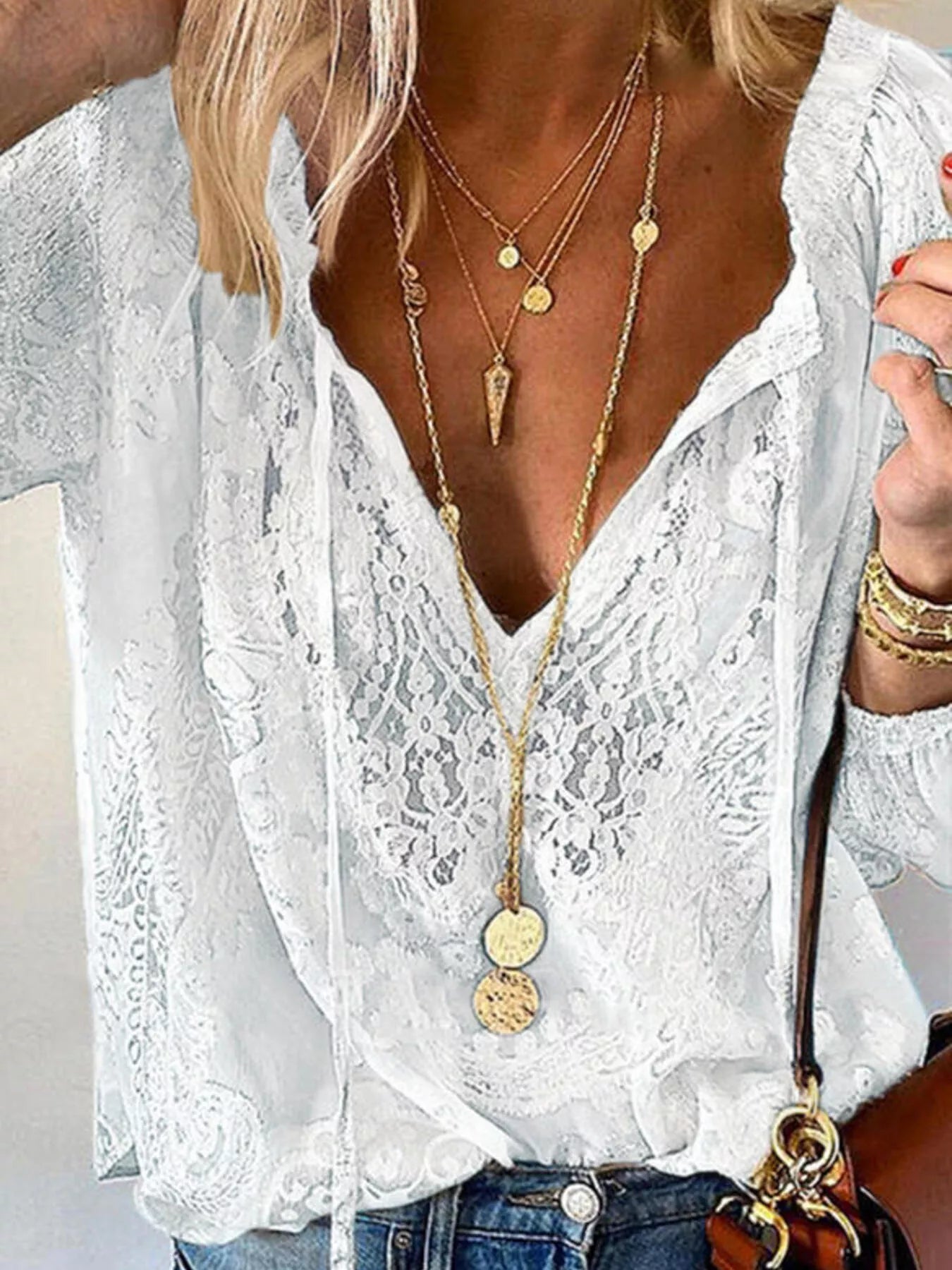 Lace Tie-Neck Blouse White Trendsi