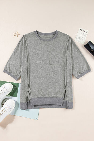 Exposed Seam Side Slit Round Neck Top OutfitFlow