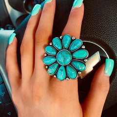 Outfit Flow - Artificial Turquoise Alloy Flower Ring