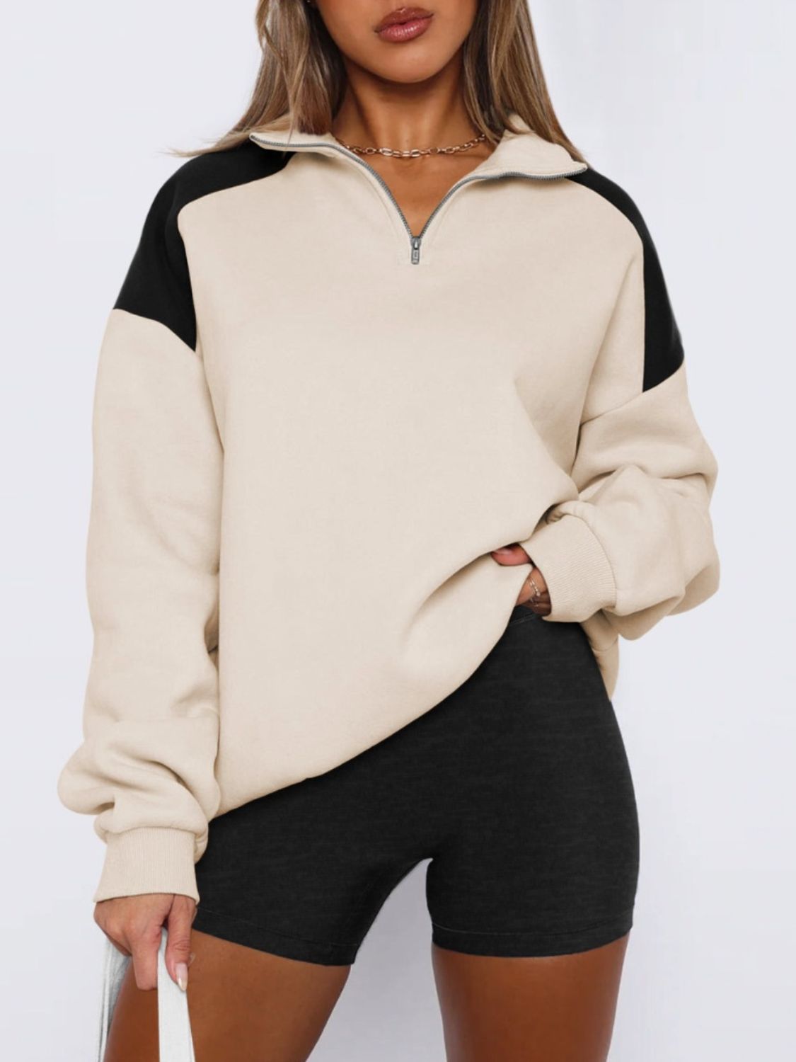 Outfit Flow - Contrast Quarter Zip Long Sleeve Sweatshirt