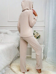 Drawstring Half Button Hooded Top and Ribbed Pants Set