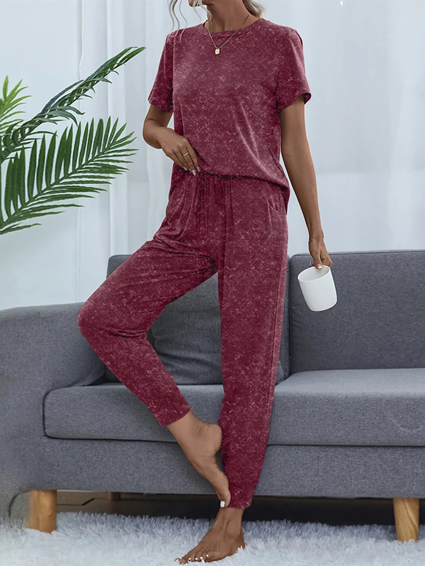 Round Neck Short Sleeve Top and Pants Lounge Set OutfitFlow