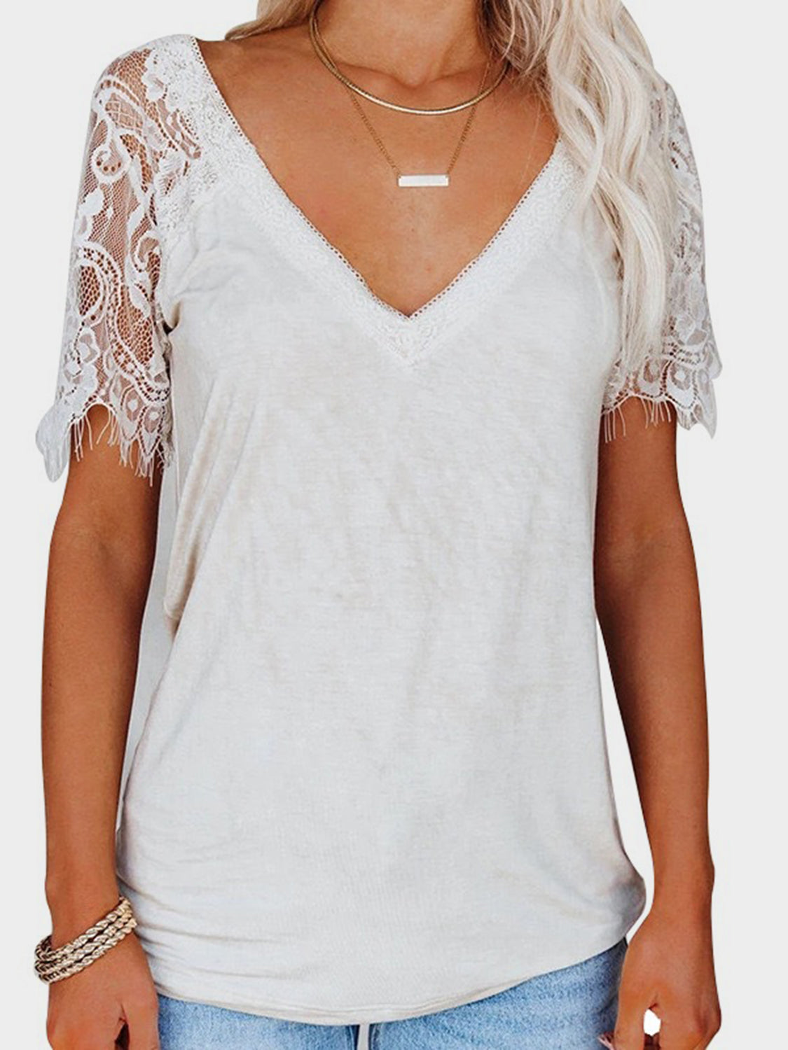 Lace Patchwork V-Neck Short Sleeve T-Shirt