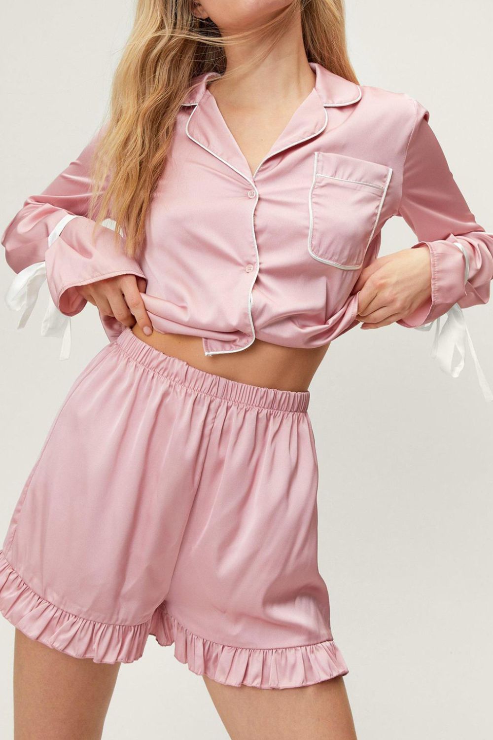 Outfit Flow - Basic Bae Tied Cuff Collared Neck Top and Frill Shorts Lounge Set