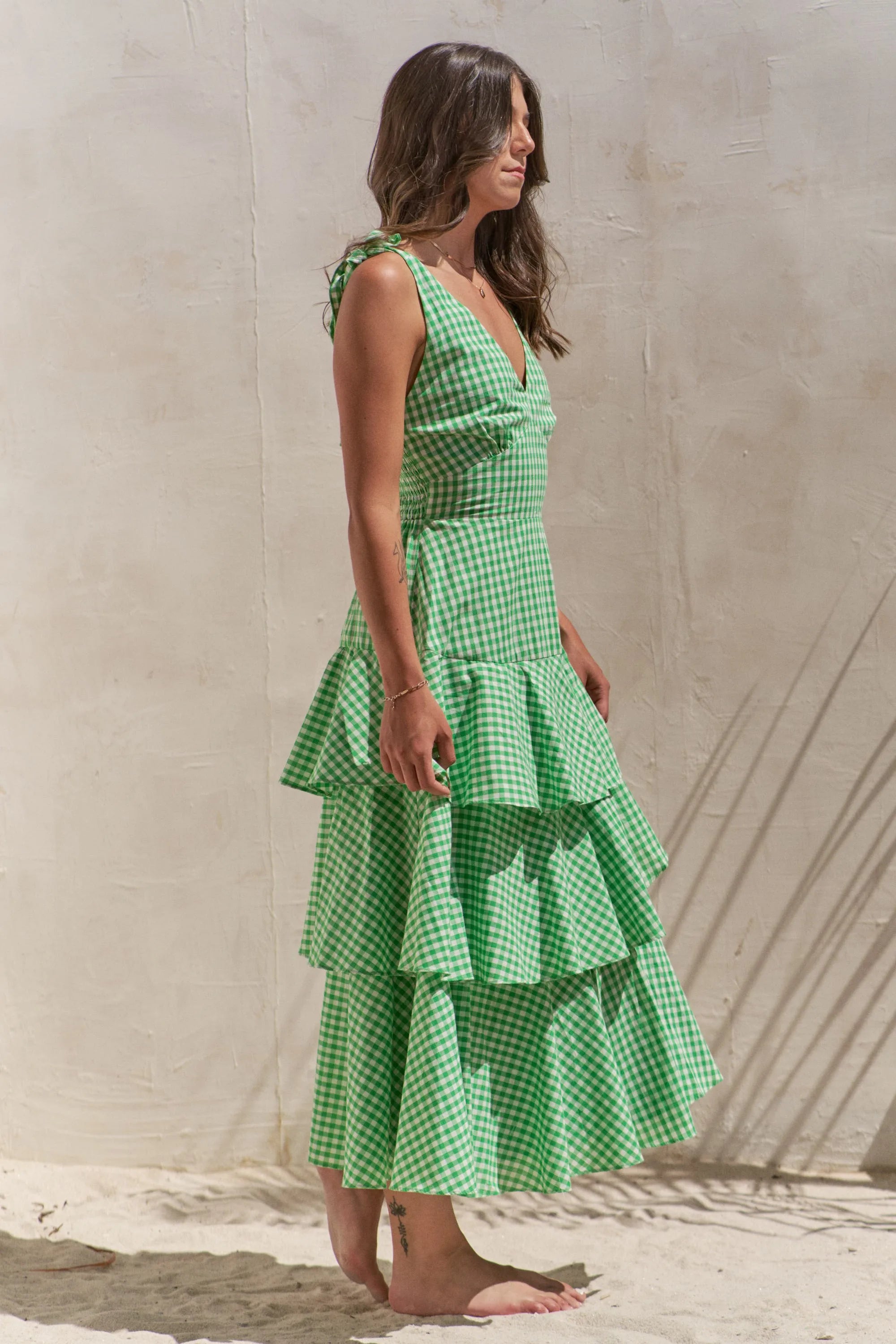 Jade By Jane Sleeveless Gingham Print Tiered Midi Dress OutfitFlow