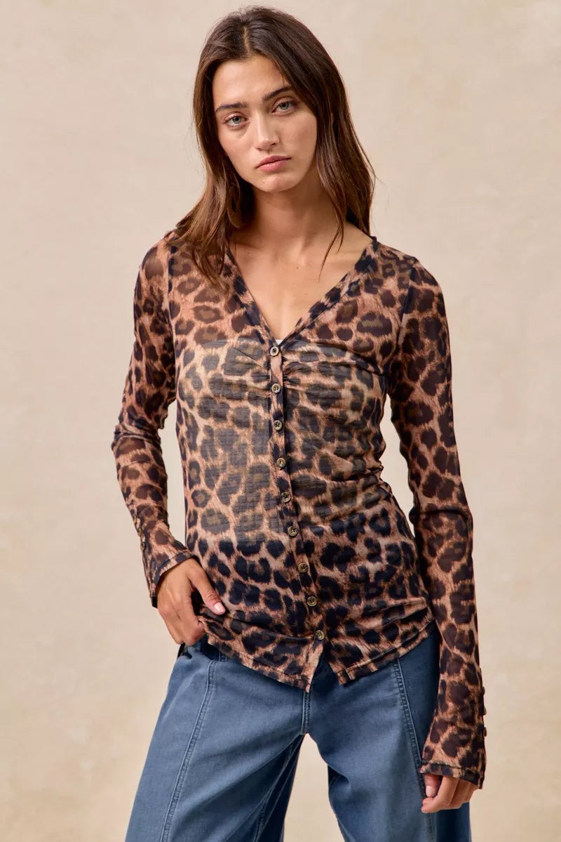 BiBi Leopard Printed Mesh Shirt With Button Up V Neck OutfitFlow
