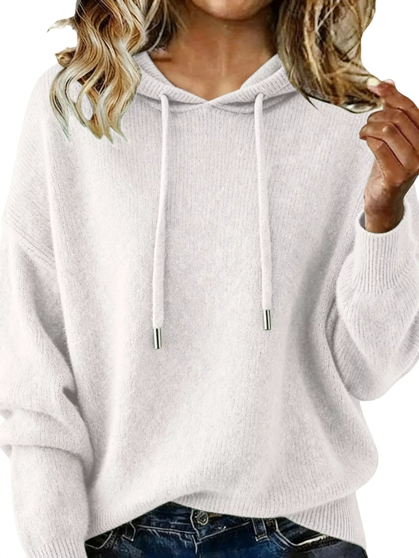 Drawstring Long Sleeve Hooded Sweater White Trendsi