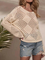 Openwork Boat Neck Long Sleeve Sweater OutfitFlow