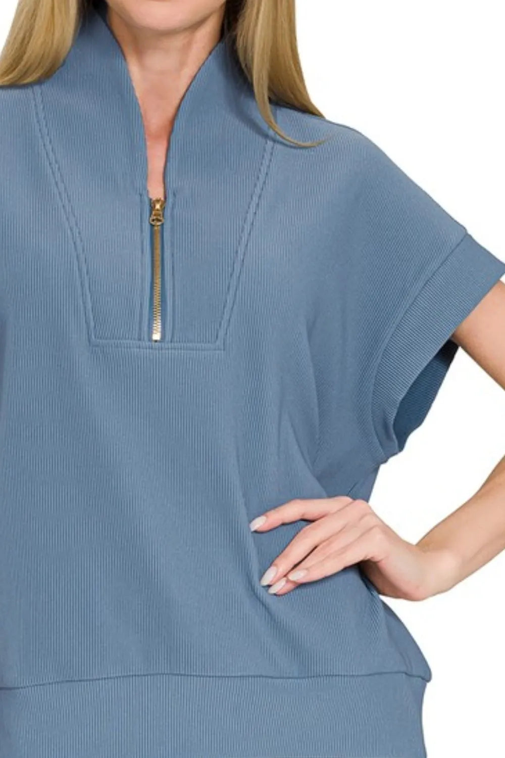 Zenana Ribbed High Neck Half Zip Top OutfitFlow