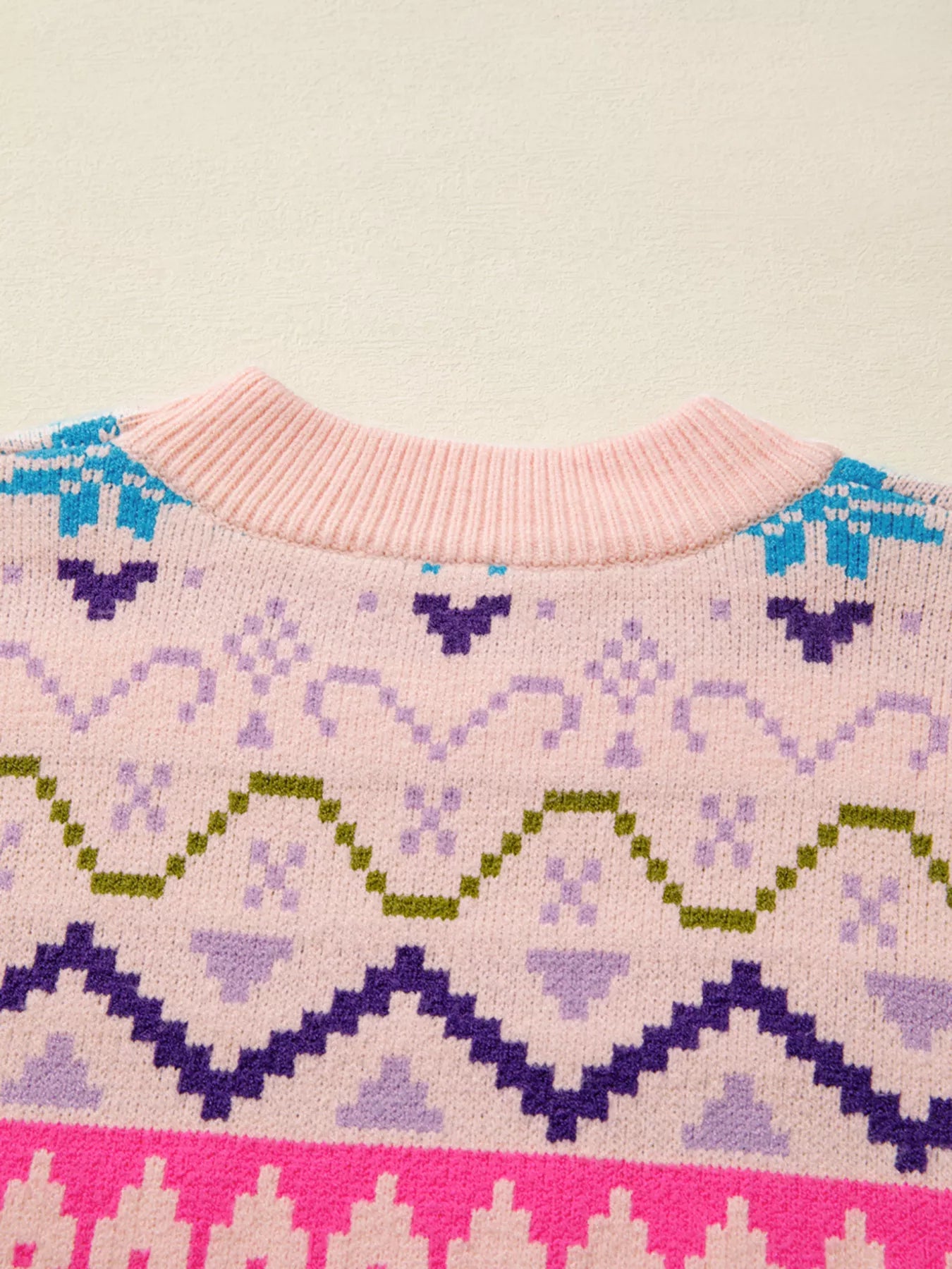 Multicolour Ethnic Christmas Pattern Knit Feather Cuffed Sweater OutfitFlow