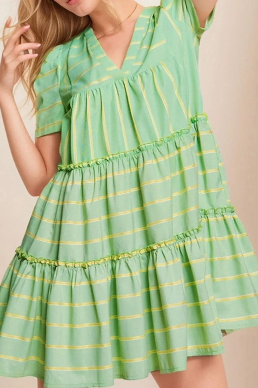 Stripe V Neck Short Sleeve Frilled Detail Dress OutfitFlow