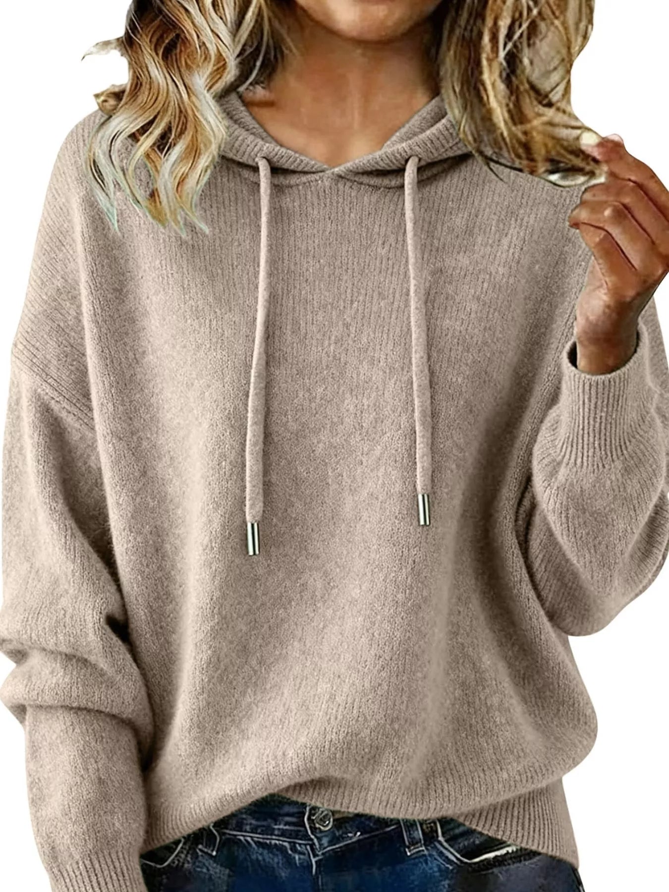 Drawstring Long Sleeve Hooded Sweater Mocha Trendsi