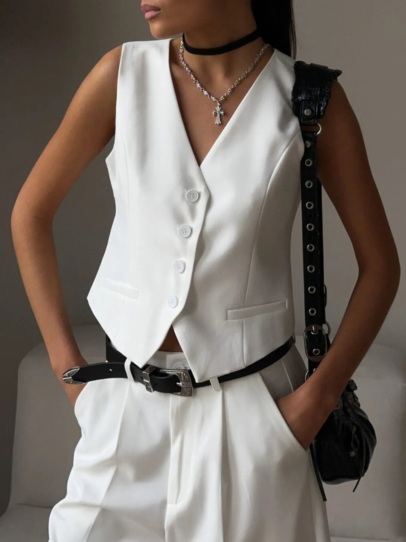 V-Neck Vest and Pants Two-Piece Blazer Set OutfitFlow