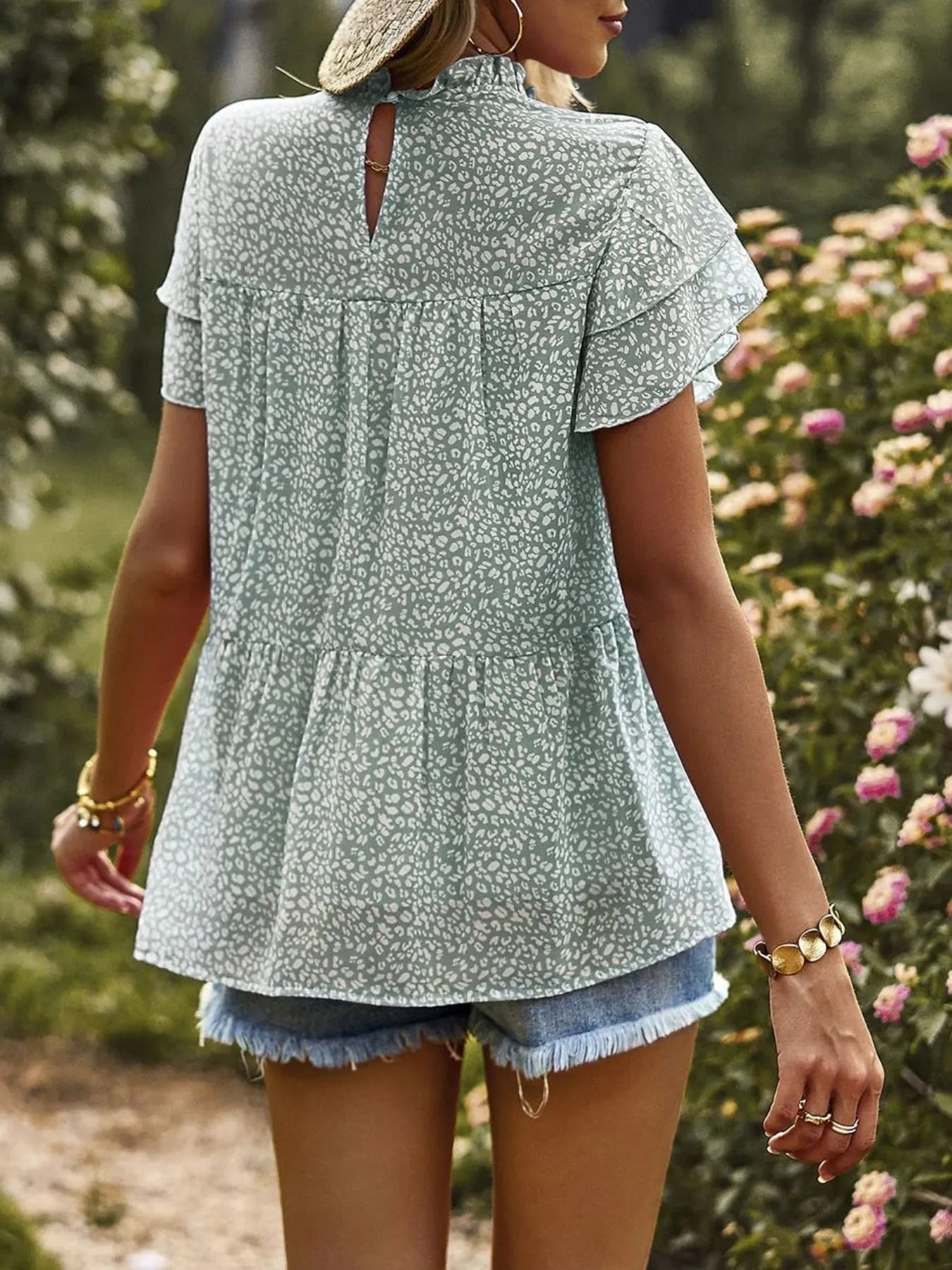 Printed Ruffle Sleeve Babydoll Blouse OutfitFlow